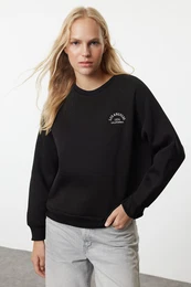 Black Slogan Embroidered Oversize/Wide Fit Thick Inside Fleece Knitted Sweatshirt