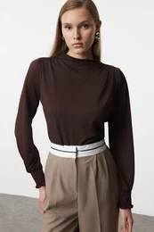 Brown High Collar Regular Fit Gipe Detailed Flexible Knitted Blouse