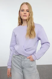 Lilac Twist Detailed Crop Thick Inside Fleece Crew Neck Knitted Sweatshirt