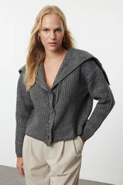 Anthracite Premium Yarn/Special Yarn Soft Texture Turn-down Collar Knitwear Cardigan