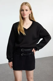 Black Basic Oversize/Wide Fit Thick Inside Fleece Knitted Sweatshirt