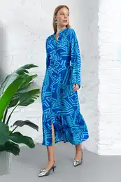 Blue Belted Geometric Patterned Judge Collar Midi Woven Shirt Dress