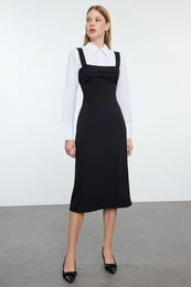 Black Shirt Detailed Fitted/Body-Smoothing Mini Woven Dress