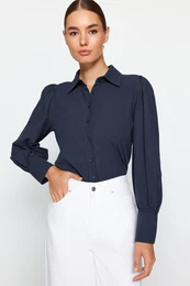Dark Navy Blue Balloon Sleeve Cotton Woven Shirt