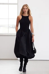 Limited Edition Black Upper Body Knitted Skirt Part Balloon Detail Poplin Dress
