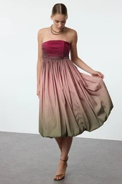 Multicolored Gradient Patterned Balloon Skirt Detailed Poplin Dress