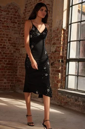 Black Shiny Stone Woven Chic Midi New Year's Eve Evening Dress