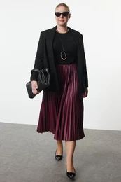 Curve Claret Red Elastic Waist Pleated Woven Plus Size Skirt