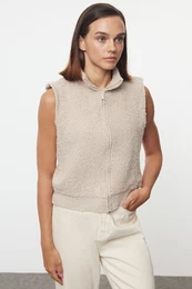 Beige Regular Boucle Zippered Knitwear Vest