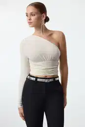Ecru One Shoulder Crop Glittery Knitted Blouse