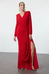 Red Double Breasted Crepe Woven Long Elegant Evening Dress