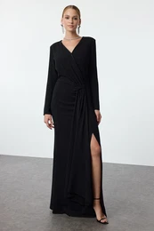 Black Double Breasted Crepe Woven Long Elegant Evening Dress