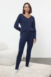 Navy Blue Rose Accessory Ribbed Knitted Pajama Set