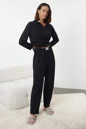 Black Slogan Label Detailed Waffle Fabric Knitted Pajama Set