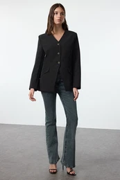 Black V Neck Woven Blazer Jacket