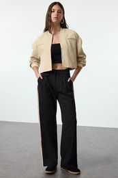 Black Linen Look Wide Leg/Wide Leg Side Stripe Detail Woven Trousers