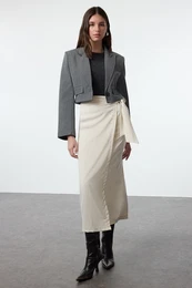Beige Double Breasted Tie Detailed Linen Look Woven Skirt