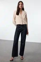 Beige Chain Accessory Detailed Crop/Short Blazer Jacket