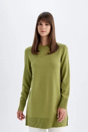 Regular Fit Crew Neck Slit Basic Plain Knitwear Sweater Tunic