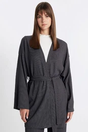 Relax Fit Shawl Collar Belted Crepe Kimono