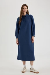 Regular Fit Buttoned Shirt Collar Basic Plain Long Sleeve Thessaloniki Fabric Knit Dress B7260ax24sp