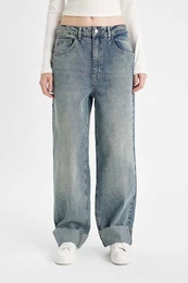 Baggy Fit High Waist Folded Leg Ankle Length Jean Washed Trousers