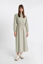 Regular Fit Zippered Stand Collar Basic Plain Poplin Long Sleeve Maxi Dress