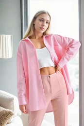 49999 Blue Wrinkled Detailed Striped Women Shirt-PINK