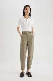 Paperbag Gabardine Trousers High Waist Pocket Basic Straight Standard Leg