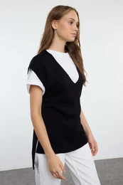 Black Wide Pattern Tie Detail V Neck Knitted Sweater