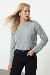 Light Grey Soft Texture Crop Stone Embroidered Knitwear Sweater