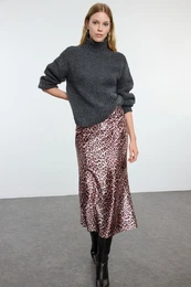 Brown Leopard Patterned Satin Maxi Knit Skirt