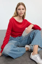 Red Boat Neck Crop Regular/Normal Fit Knitted Sweatshirt