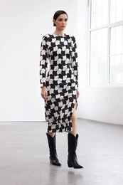 Limited Edition Black Geometric Patterned Straight Cut Midi Woven Dress