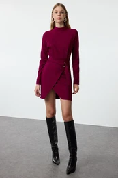 Purple Belted A-Line High Collar Mini Woven Dress