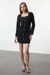 Black Square Collar Tweed Mini Woven Jacket Dress