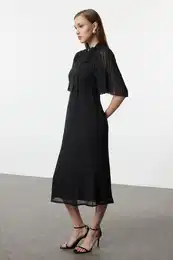 Black Pleated Sleeve Tied Collar A-Line Lined Midi Chiffon Woven Winter Dress
