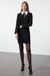 Black Fitted/Fits-Your-Body Collar Detailed Mini Woven Dress