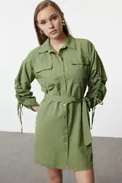 Khaki Pocket and Gather Detailed Mini Woven Shirt Dress