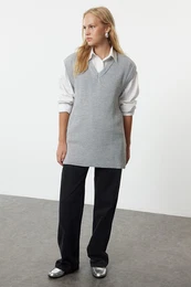 Gray V-Neck Knitwear Sweater