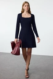 Navy Blue Plain Woven Dress