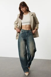 Dark Blue More Sustainable Faded Effect Vintage Mid Waist Skater Jeans