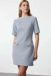 Blue Houndstooth Straight Cut Button Detailed Tweed Woven Dress