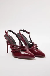 Burgundy Band Detailed Pointed Toe Women's Thin Heel Shoes