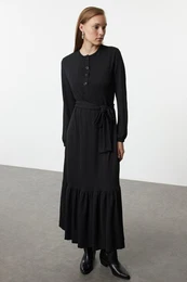 Black Belted Knitted Rib/Casino Dress