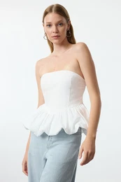 Ecru Strapless Balloon Woven Blouse