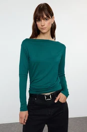 Dark Green Fitted Long Sleeve Bateau Neck Viscose Stretch Knitted Blouse