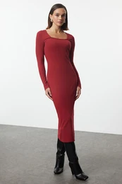 Burgundy Ribbed Square Neck Fitted Long Sleeve Slit Midi Dress