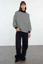 Black Basic Striped Oversize Pattern Half Turtleneck Thick Polar Fleece Knitted Sweatshirt