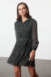 Black Belted Polka Dot Waist Opening Lined Chiffon Woven Winter Dress
